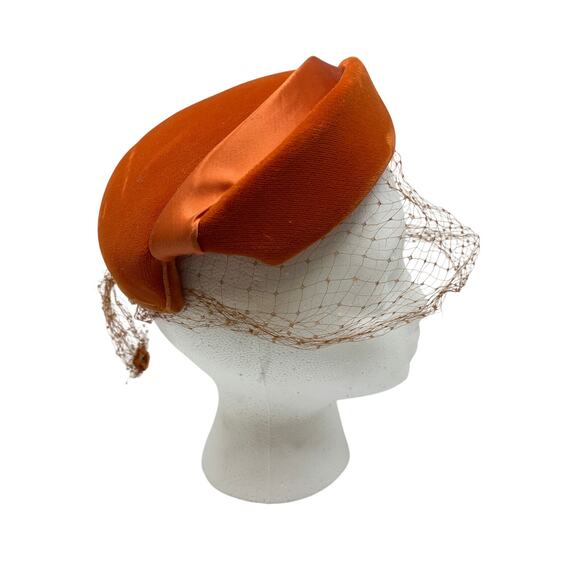 Vintage Orange Velvet Cocktail Hat Feather Trim Veil 1950s 1960s Fascinator - Picture 5 of 8